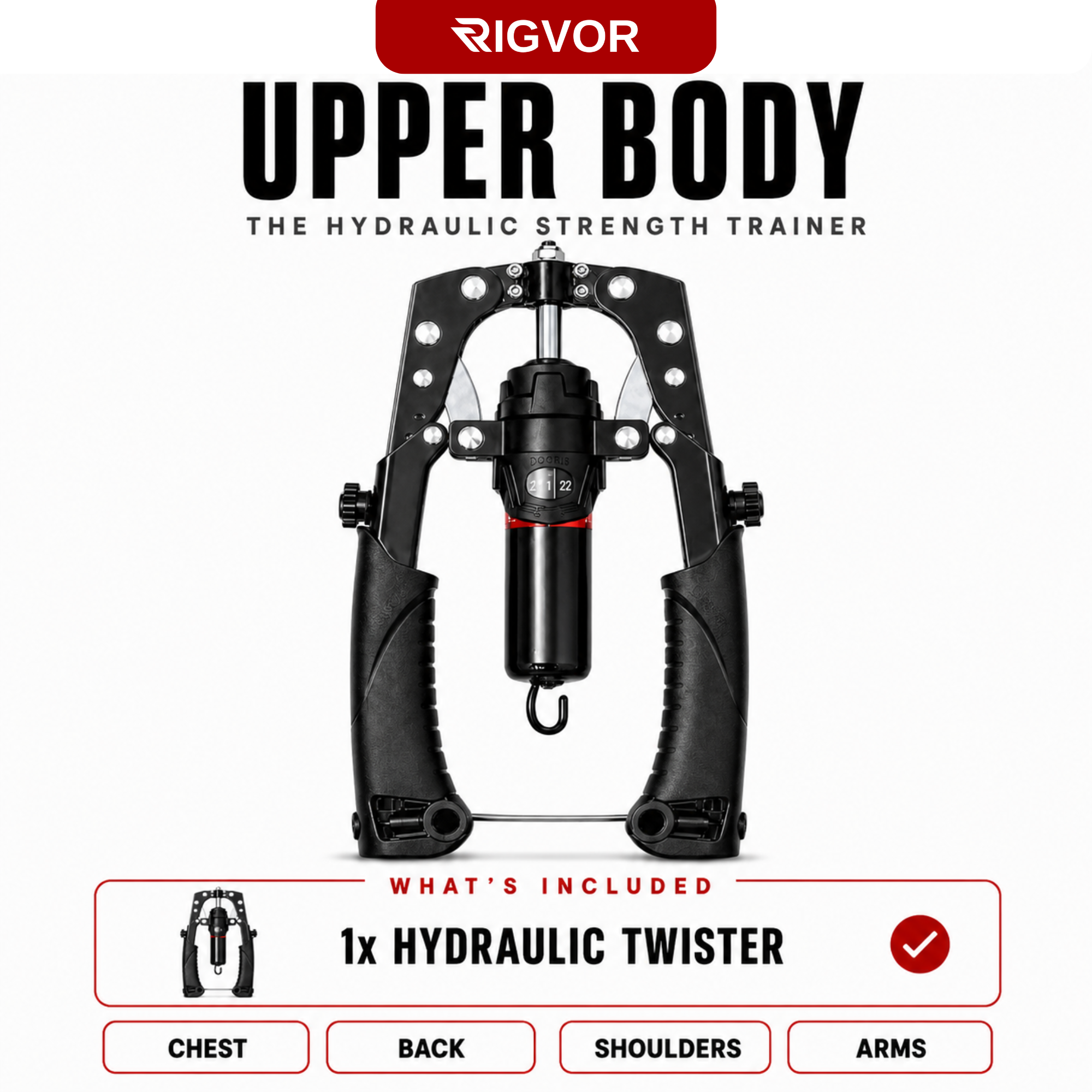 Rigvior Upper Body Hydraulic Strength Trainer, a black chest exercise machine with a central hydraulic weight stack, shown on a white background with product details and included accessories.