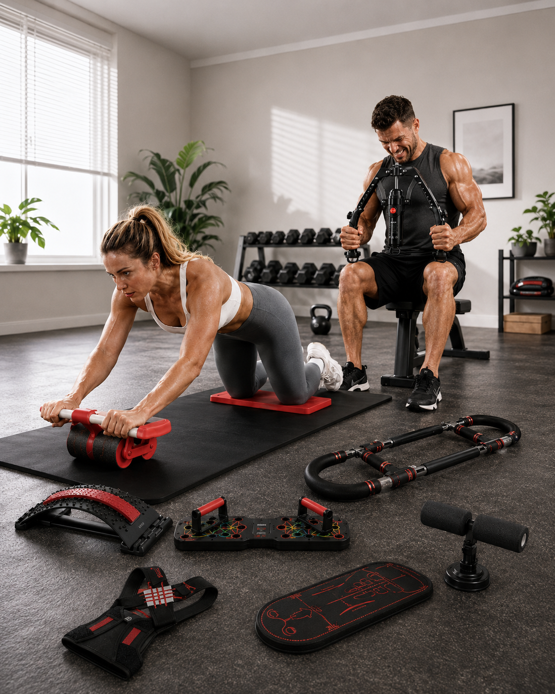 A fitness home gym scene with a woman in athletic wear doing a roll-up exercise on a red-and-black roller, and a man seated on a bench using a cable machine. Several red-and-black fitness accessories are arranged on the floor in front of them, including a cable handle, foot platform, and other gym equipment.